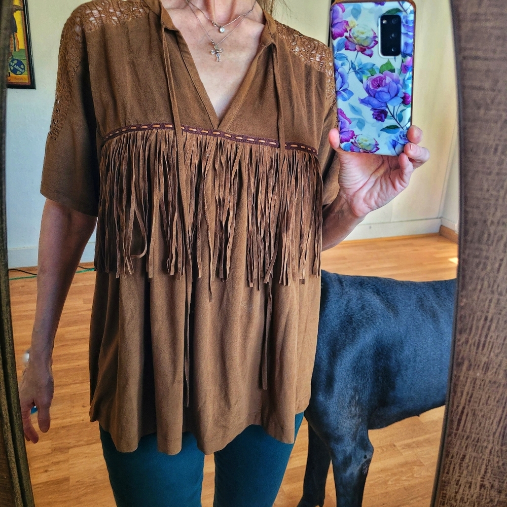 Brown Faux Suede Fringed Tunic Top.